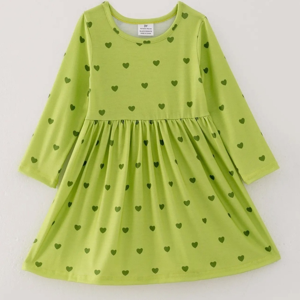 Green Heart Long Sleeve Kids Dress